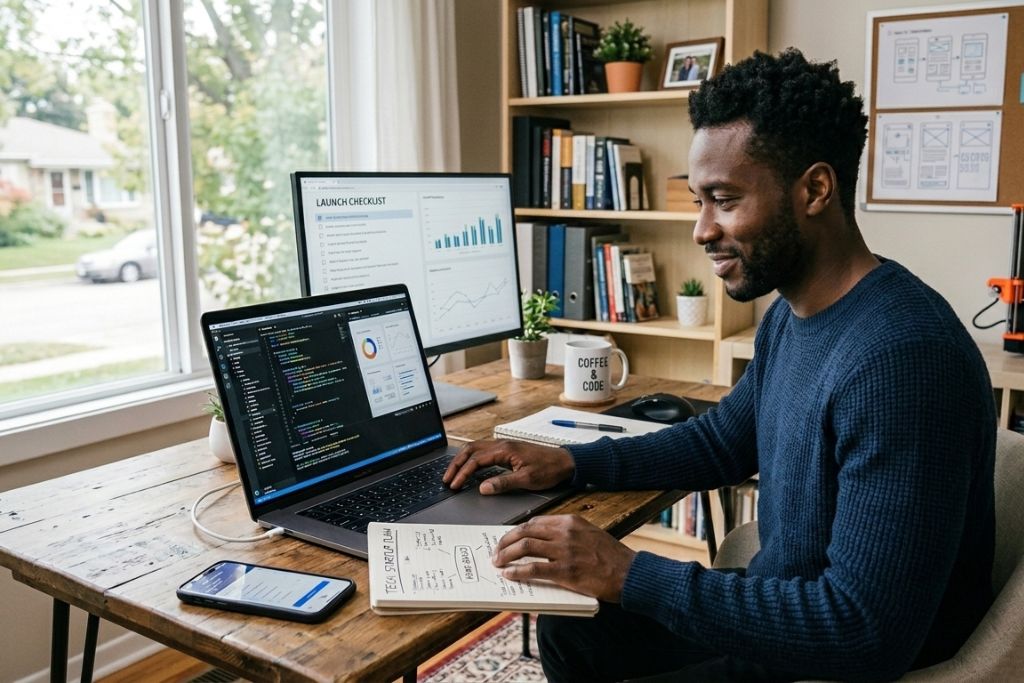 A young man with a tech business at home