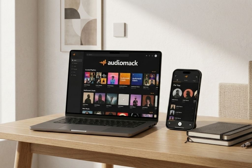 Audiomack playing on laptop and mobile