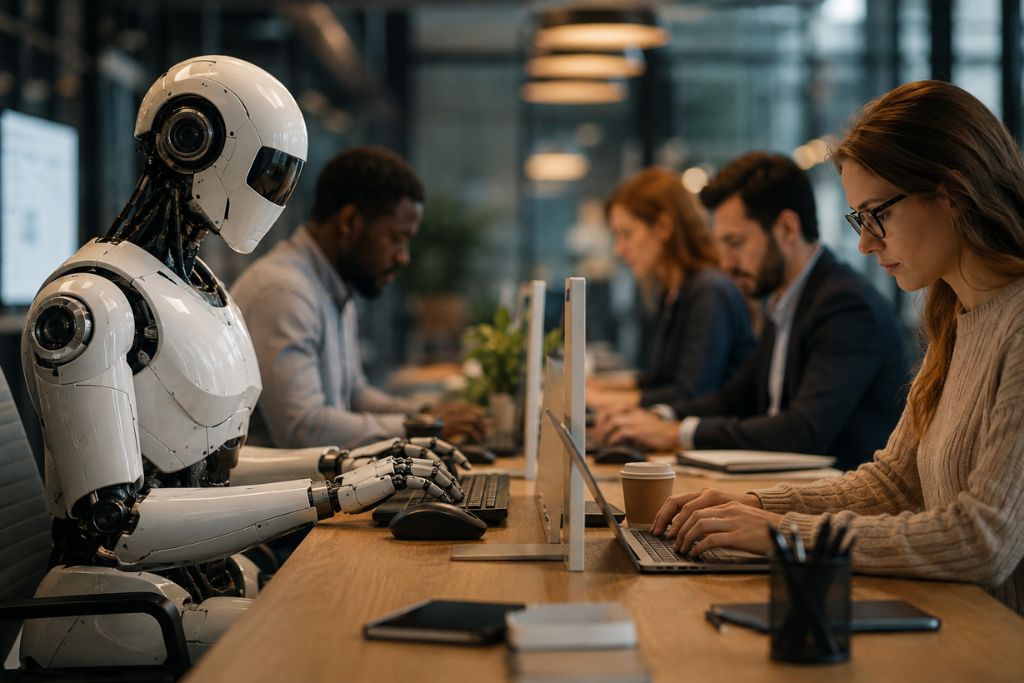 Executives in an open office where it shows how AI and Jobs complement