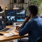 A young man working remotely as an AI and Data Analysis expert