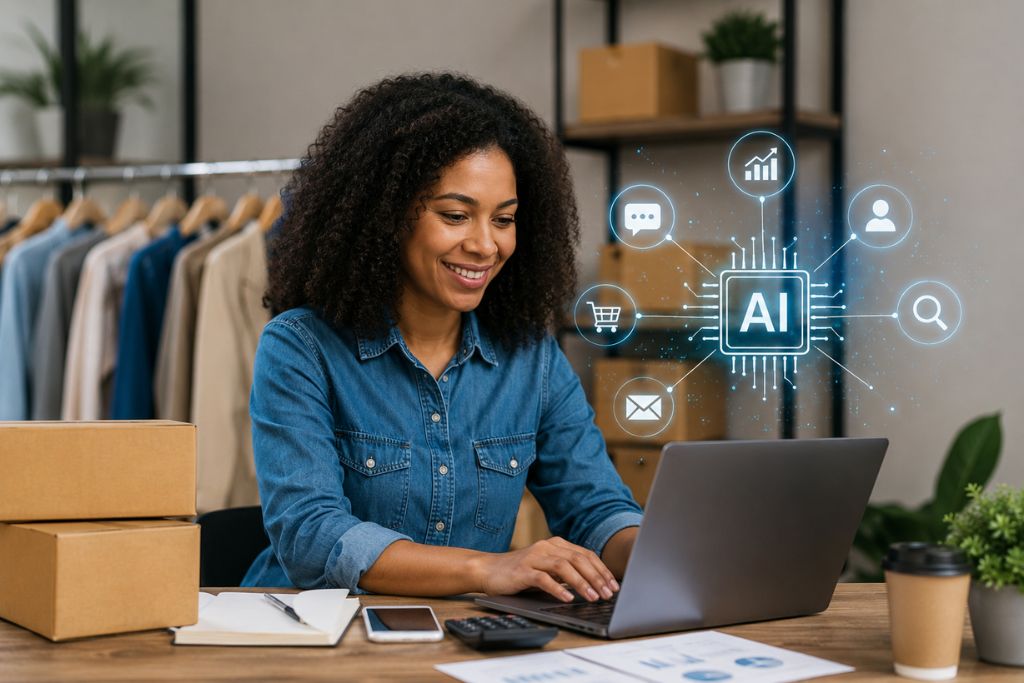Businesswoman enjoying the use of AI for small businesses