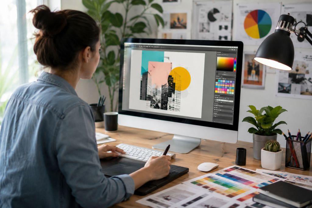A graphic artist using AI tools for graphic designers