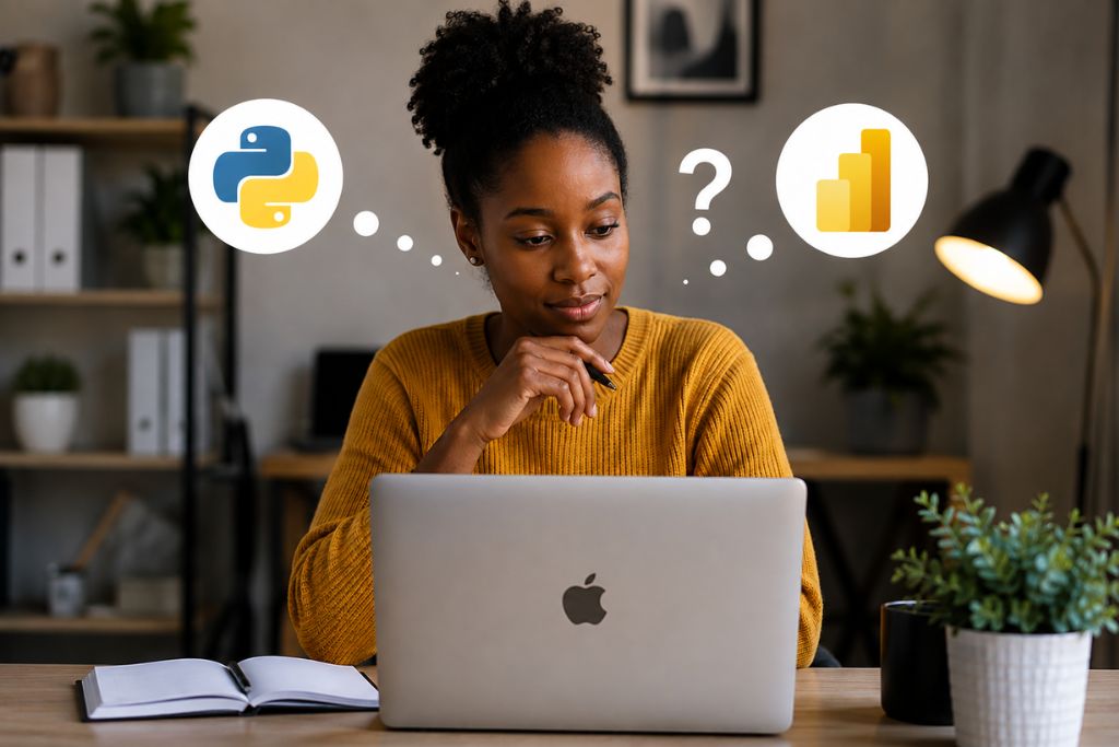 A young lady contemplating on learn either python or power bi first.