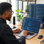 Focused Full-Stack Developer in a Bright Workspace