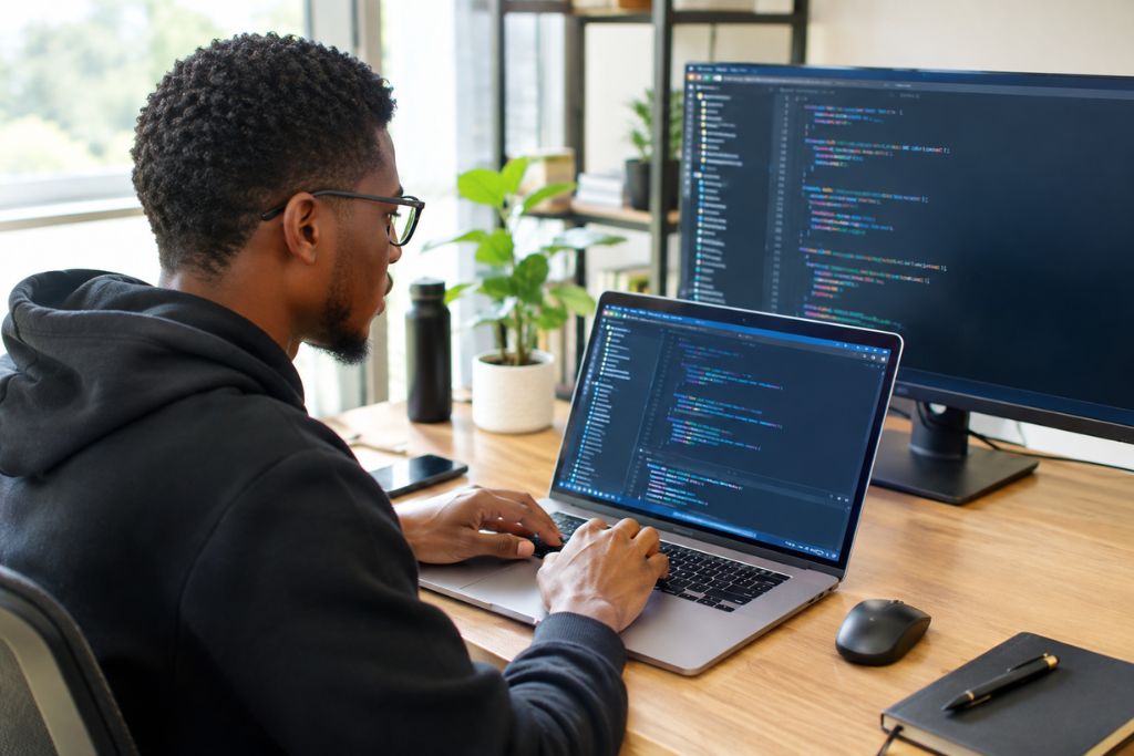 Focused Full-Stack Developer in a Bright Workspace