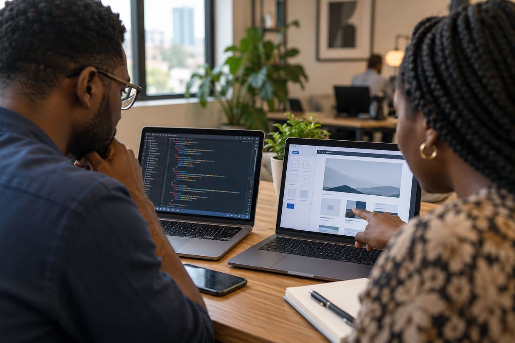 No-code vs. custom code being compared by young developer team.